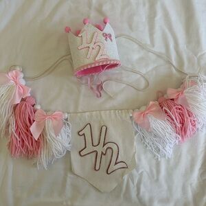 Pink and White Kids Crown Hat and Banner Set - 1/2 Birthday